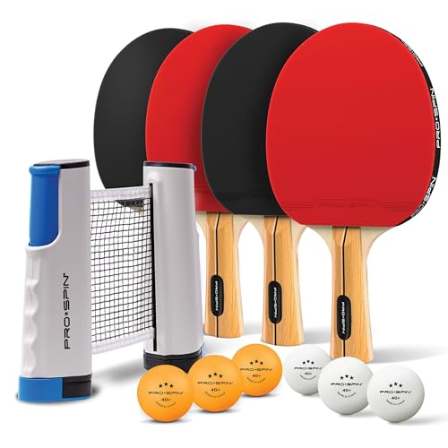 PRO-SPIN Portable Ping Pong Set with Retractable Ping Pong Net for Any Table, All-in-One Table Tennis Set with Ping Pong Paddles, Balls & Case, Table Top Family Game - color: 4-Player Set | Active Red