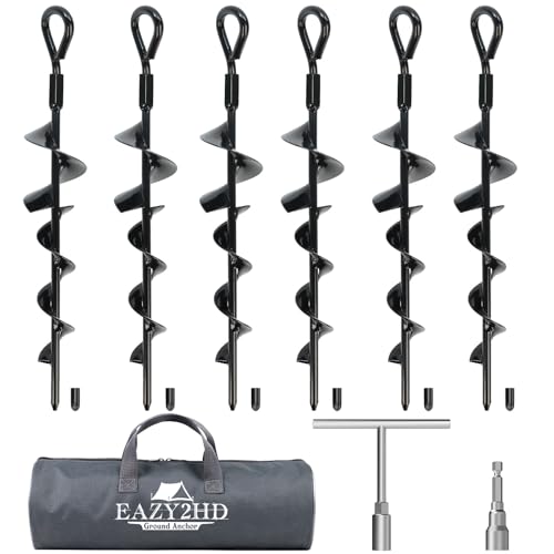 6 Pack Tent Stakes Heavy Duty, 15 Inch Ground Anchors Screw in, Metal High Winds Trampoline Stake with Nut and Tool, Spiral Anchor Kit for Camping, Swing Set, Mobile Home, Car Ports - color: Black