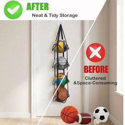 Black Hanging Sports Ball Organizer Bag | Mesh Wall Mount Storage for Basketball, Football, Soccer, Volleyball | Garage & Home Equipment Storage Solution