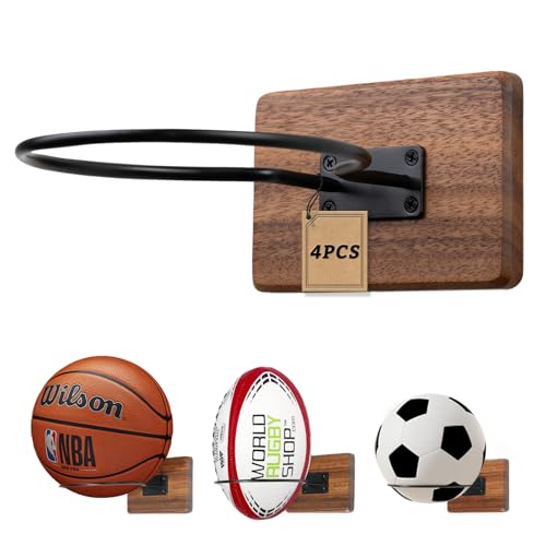 Basketball Holder Wall Mount, Solid Wood Ball Holder for Storage Soccer Volleyball Football Autograph Ball Metal, Basketball Rack Display for Boys Sports Accessories Organizer & Wall Decor - color: Acacia, size: 4 Pcs