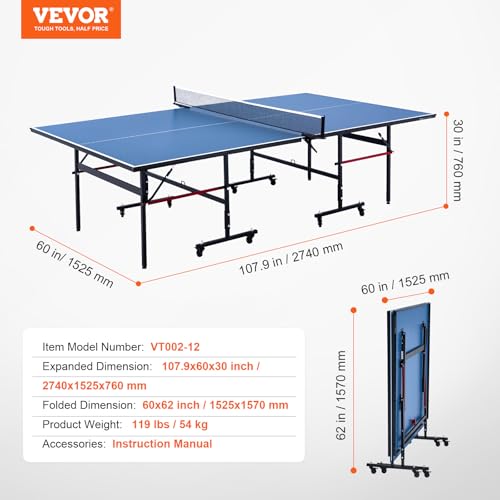 VEVOR Ping Pong Table, Professional Table Tennis Game, Indoor MDF Portable Table Tennis Table, Foldable Ping Pong Table with Quick Clamp Net and Lockable Wheel, 10 Minute Easy Assembly, 12mm Tabletops