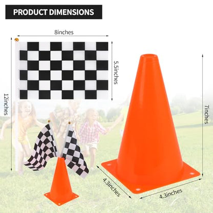 Mini Traffic Cones（With Hole on Top）with Racing Checkered Flags, Sports Safety Cones for Soccer Cones and Basketball Practice Equipment - Mini Orange Cones for Soccer Practice and Small Driving Practice Cones.Race Car Birthday Party Supplies, Kids Gift. (