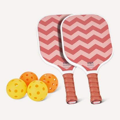 Amazon Basics Pickleball Paddles Set of 2, USAPA Approved Carbon Fiber Paddle with 4 Balls, Lightweight Pickle Ball Rackets, Carry Bag & Grips - color: Pastel Zigzag