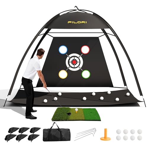 FILORI Golf Practice Net 10x7FT - Golf Hitting Net with Tri-Turf Mat, 8 Balls, Tee & Carry Bag, Indoor/Outdoor Backyard Training for Driving Chipping Swing, Ideal Gifts for Men Dad Husband Golfer - color: Black