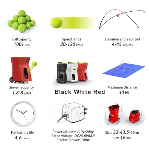 PT-SMART Tennis Ball Machine - Smart App for Apple Watch & Phone Control, Tennis Ball Launcher with 20 Landing Points, 12 Training Modes & 4-6h Battery Life, Tennis Serving Machine