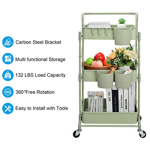 Foldable 3 Tier Rolling Cart, Metal Utility Cart, Folding Mobile Multi-Function Storage Trolley Organizer Cart for Home Library Office(Green) - color: Green