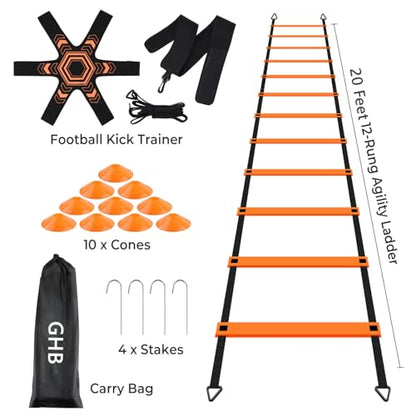 GHB Pro Agility Ladder Soccer Kick Trainer Set 20ft 12 Rung 10 Cones and 4 Stakes Speed Agility Football Training Equipment with Carrying Bag - color: Orange