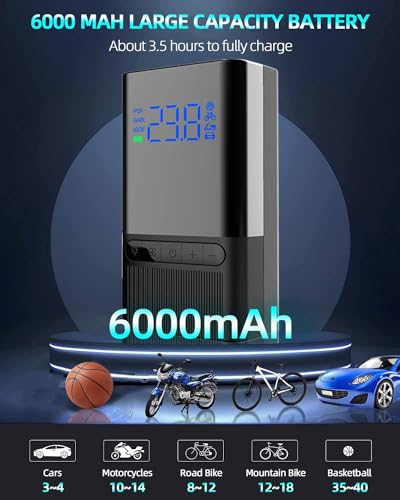 Tire Inflator Electric Bike Pump - 150PSI Portable Air Pump with Pressure Gauge, 6000mAh Electric Ball Pump with Schrader/Dunlop/Presta Valve for Road, Mountain Bicycles, E-Bike, Motorcycle, Balls