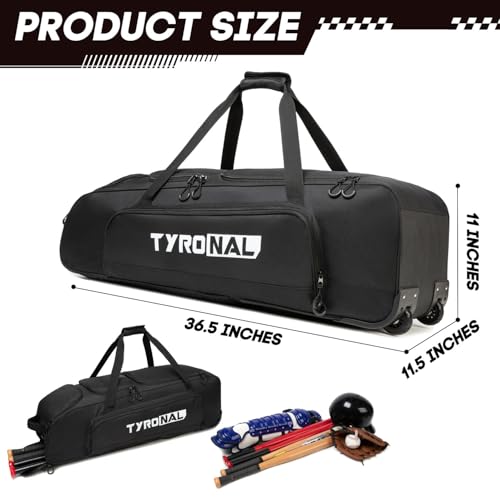 Baseball Bag with Wheels for 4 Bats,Soft Rolling Baseball Bag With Multi-Pockets, Fence Hook, Holds All Baseball Equipment. - color: DK Black
