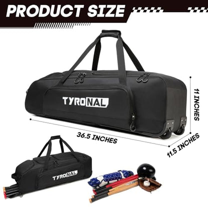 Baseball Bag with Wheels for 4 Bats,Soft Rolling Baseball Bag With Multi-Pockets, Fence Hook, Holds All Baseball Equipment. - color: DK Black