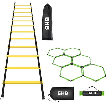 GHB Agility Ladder 1 Pack and Hex Agility Rings 1 Pack 12 Rung 20ft with 3 Carrying Bag