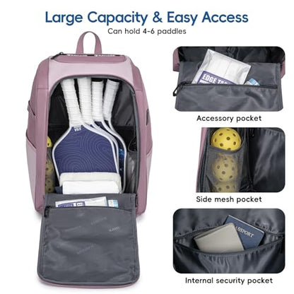KAVIGOR Pickleball Bag, Large Pickleball Backpack Holds 4 to 6 Paddles, Shoes Compartment & Wet/Dry Pocket (9 Pockets), Charge Port - color: Berry Pink
