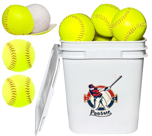 Bucket of 13 Practice Softballs, Official Size and Weight Slowpitch Softball Unmarked Leather Covered Youth Fastpitch Ball Sports Ball for Games, Practice and Training, Yellow