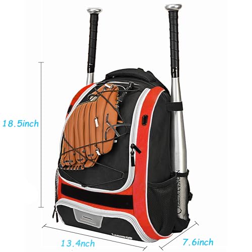 LARIPOP Youth Baseball Bag, Bat Backpack with Fence Hook & Separate Shoe Compartment, Waterproof Equipment Bag for Baseball, T-Ball & Softball - color: Red