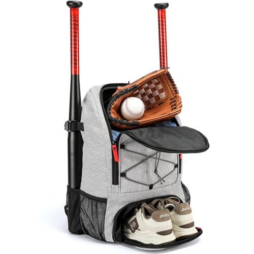 Baseball Backpack, Baseball Bag for Youth, Softball Bat Bag with Shoes Compartment, Laptop Compartment & Holds 2 Bats, Small Baseball Bat Equipment Bags for Fence Hook, Glove Holder & Helmet - color: Gray