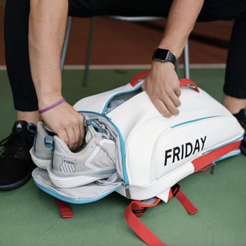 Friday Pickleball Equipment Backpack, Two Padded Paddle Compartments, Six Zippered Pockets, Durable Nylon Material, Separate Shoe Compartment, Ergonomic Handles and Shoulder Straps