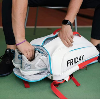 Friday Pickleball Equipment Backpack, Two Padded Paddle Compartments, Six Zippered Pockets, Durable Nylon Material, Separate Shoe Compartment, Ergonomic Handles and Shoulder Straps