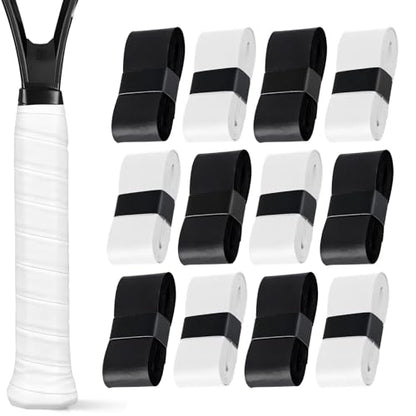 12 Pieces Tennis Racket Grip Tape, 6 Black + 6 White Precut Badminton Overgrips, Anti-Slip Sweat-Absorbent Tennis Grips for Tennis/Badminton/Pickleball Racquet Sports - color: 6Black+6White