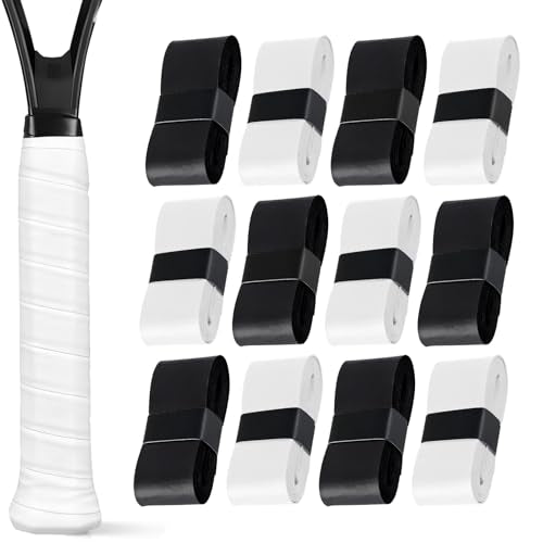 12 Pieces Tennis Racket Grip Tape, 6 Black + 6 White Precut Badminton Overgrips, Anti-Slip Sweat-Absorbent Tennis Grips for Tennis/Badminton/Pickleball Racquet Sports - color: 6Black+6White
