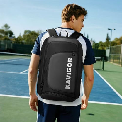 KAVIGOR Pickleball Bag, Large Pickleball Backpack Holds 4 to 6 Paddles, Shoes Compartment & Wet/Dry Pocket (9 Pockets), Charge Port - color: Black