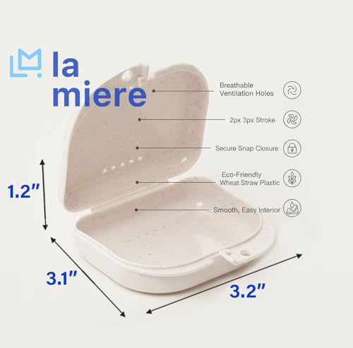 LA MIERE Retainer Case with Vent Holes, 1 Pcs Wheat Straw Denture Case, Tight Snap Lock Orthodontic Mouth Guard Case, Oyster - color: Oyster