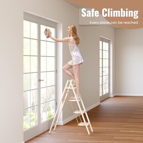 4 Step Ladder, 4 Step Stool for Adults, Folding Step Ladder with Secure Footing, Widened Pedal, Aesthetically Pleasing Looking, Blends Right into Domestic Rooms, Cream Chocolate - size: 4 Step