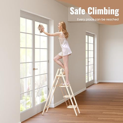 4 Step Ladder, 4 Step Stool for Adults, Folding Step Ladder with Secure Footing, Widened Pedal, Aesthetically Pleasing Looking, Blends Right into Domestic Rooms, Cream Chocolate - size: 4 Step