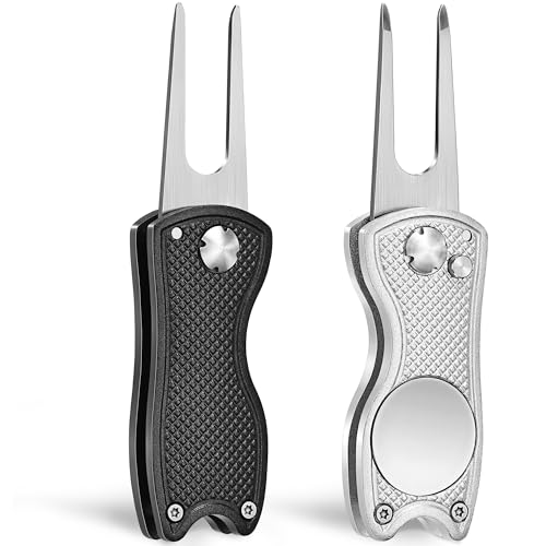 Mile High Life Golf Divot Repair Tool, All Metal Foldable Divot Tool with Pop-up Button & Magnetic Ball Marker, 2-6 Pack - color: Black/Sliver