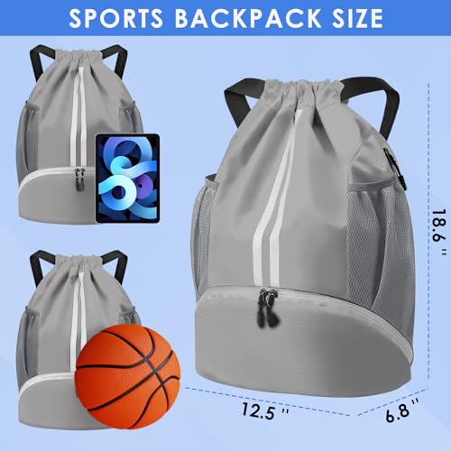 BROTOU Soccer Bags, Football Backpack, Volleyball Bag, Drawstring Backpack with Ball and Shoe Compartment, Football bags for Equipment Swim Gym Bag - color: Light Gray