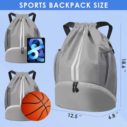 BROTOU Soccer Bags, Football Backpack, Volleyball Bag, Drawstring Backpack with Ball and Shoe Compartment, Football bags for Equipment Swim Gym Bag - color: Light Gray