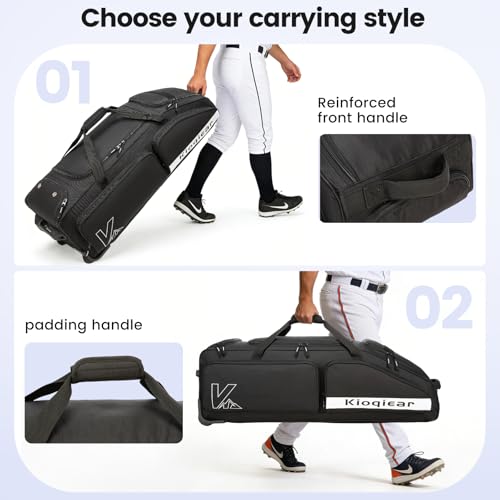 Catchers Gear Bag with Wheels for 4 Bats, Rolling Baseball Softball Bag With Multi-Pockets, Fence Hook, Holds All Baseball Equipment. - color: Black