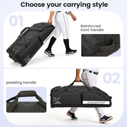 Catchers Gear Bag with Wheels for 4 Bats, Rolling Baseball Softball Bag With Multi-Pockets, Fence Hook, Holds All Baseball Equipment. - color: Black
