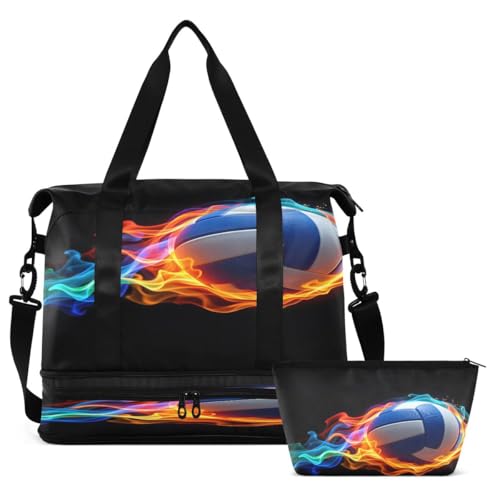 ALAZA Volleyball Ball Black Travel Duffel Bag Tote Bag Multi Compartment Weekender Overnight Bag with Wet Pocket for Travel Men Women