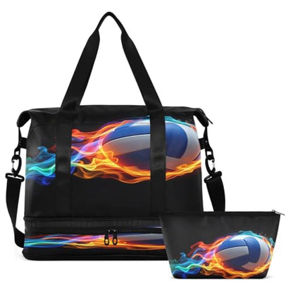 ALAZA Volleyball Ball Black Travel Duffel Bag Tote Bag Multi Compartment Weekender Overnight Bag with Wet Pocket for Travel Men Women