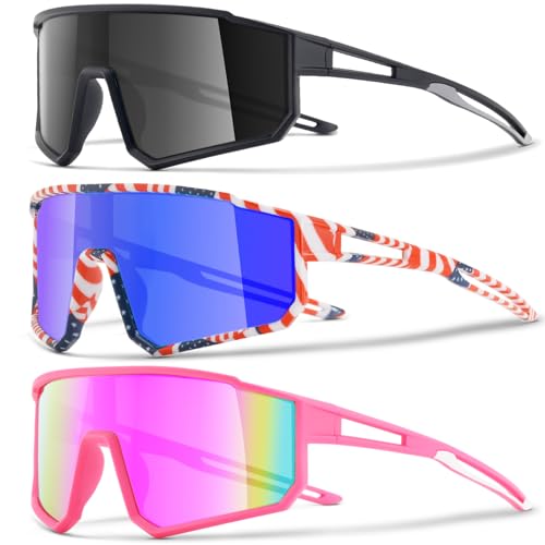 3PACK Kids Sunglasses for 6-14 Boys Girls, Youth Baseball and Cycling UV400 Protection Goggles - color: 3pcs-black Black+blue Red+pink Pink-k09