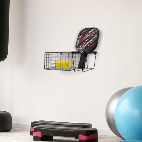 MyGift 16 Inch Wall Mounted Metal Pickleball Paddle Rack and Storage, Hanging Equipment Organizer with Racket Holder and Basket for Balls - color: Black
