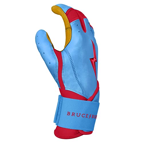 BRUCE BOLT Signature Series Long Cuff Batting Gloves - Pro-Athlete Collection - Adult & Youth Sizes - color: Bader/Baby Blue, size: Small