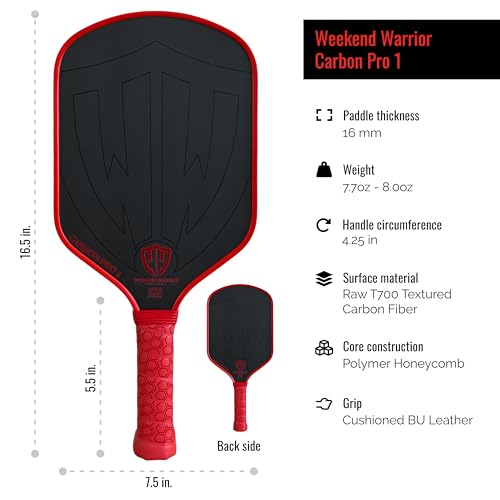 Paddle - USAPA Approved - T700 Carbon Fiber for Ultimate Spin - Elongated Handle and Shape for Power - Paddle Cover, Paddle Eraser, Lead Tape, Sweatband Included - color: Red