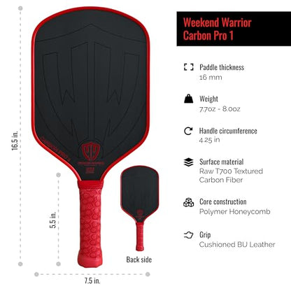 Paddle - USAPA Approved - T700 Carbon Fiber for Ultimate Spin - Elongated Handle and Shape for Power - Paddle Cover, Paddle Eraser, Lead Tape, Sweatband Included - color: Red