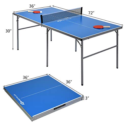 Goplus Foldable Ping Pong Table, 100% Preassembled, Table Tennis Table with Net, 2 Paddles, Ping Pong Balls, Portable Table Tennis Game Set for Indoor Outdoor - style: Blue-72''