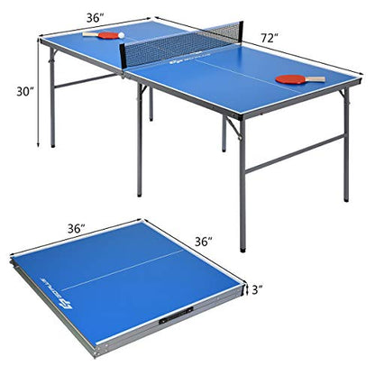 Goplus Foldable Ping Pong Table, 100% Preassembled, Table Tennis Table with Net, 2 Paddles, Ping Pong Balls, Portable Table Tennis Game Set for Indoor Outdoor - style: Blue-72''