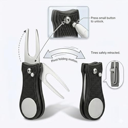 Mile High Life Golf Divot Repair Tool, All Metal Foldable Divot Tool with Pop-up Button & Magnetic Ball Marker - color: Black Bone