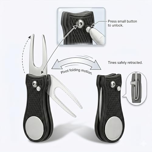 Mile High Life Golf Divot Repair Tool, All Metal Foldable Divot Tool with Pop-up Button & Magnetic Ball Marker - color: Black Bone