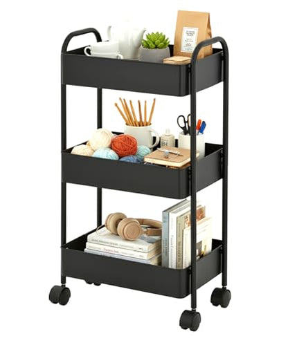Displays By Jack 3-Tier Rolling Storage Cart, Metal Utility Organizer on Wheels – Deep Mesh Baskets for Kitchen, Pantry, Laundry, Bathroom, Home