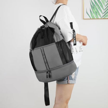 Valleycomfy Drawstring Gym Bag Sports Backpack With Shoe Compartment and Reflective Strips Grey - color: Grey08