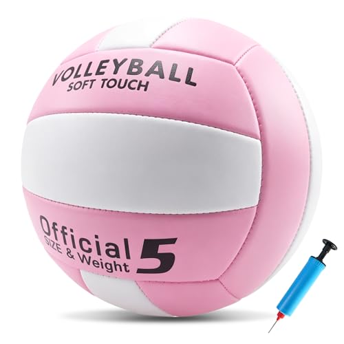 Soft Volleyball Official Size 5 for Indoor Outdoor Beach Sand Play Pool Gym Training, Soft Touch Thicker PU Volleyball with1 Ball Pump & 1 Air Needles for Adult - color: Pink White