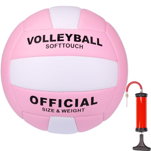 Official Size 5 Volleyball – Premium PVC Indoor & Outdoor Volleyball with Air Pump, Durable Non-Slip Surface, Lightweight Training Ball for Recreational Play - color: White + Pink