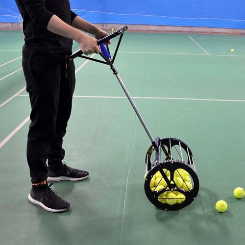 Tennis Ball Picker, 2 in 1 Tennis Rolling Collector Basket with 80 Balls Capacity, Automatic Ball Hopper with Adjustable Height, Funnel Grabber with Handle, for School, Gym, Club