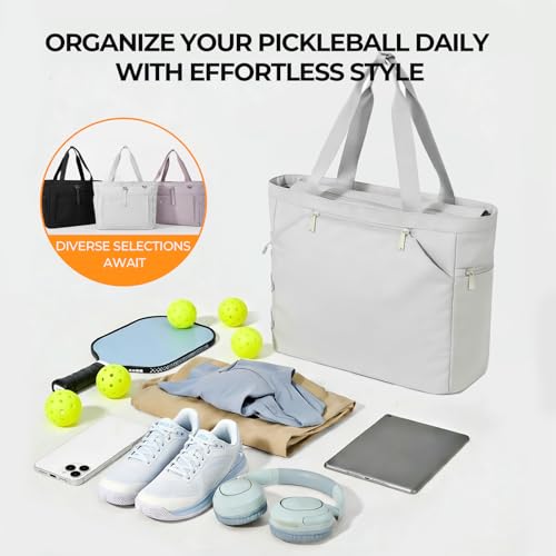 Pickleball Bag for Women Men, Large Pickleball Tote Holds 2-4 Rackets, Pickleball Bags with Shoe Compartment & Water Bottle Pocket, Pickleball Gifts, Water-Resistant & Lightweight - color: Grey