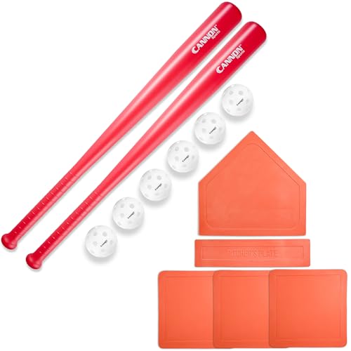 Cannon Sports Plastic Baseball Set with Two 29.5-Inch Bats, 6 Baseballs and 5 Throwdown Baseball Bases for Indoor Outdoor Games - color: Red, style: 2 Bats + 6 Balls + Orange Bases